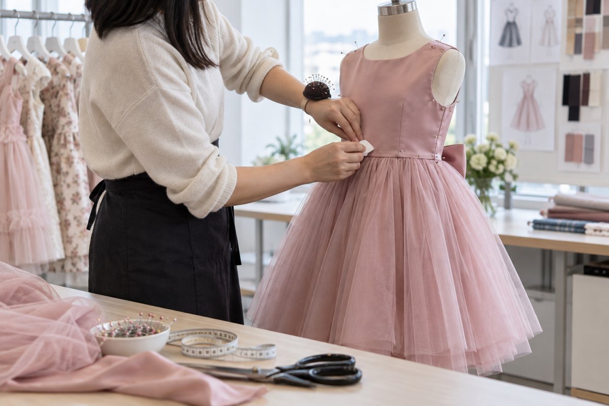 Adult garment fitter marking the waist seam on a pinned girls dress mannequin
