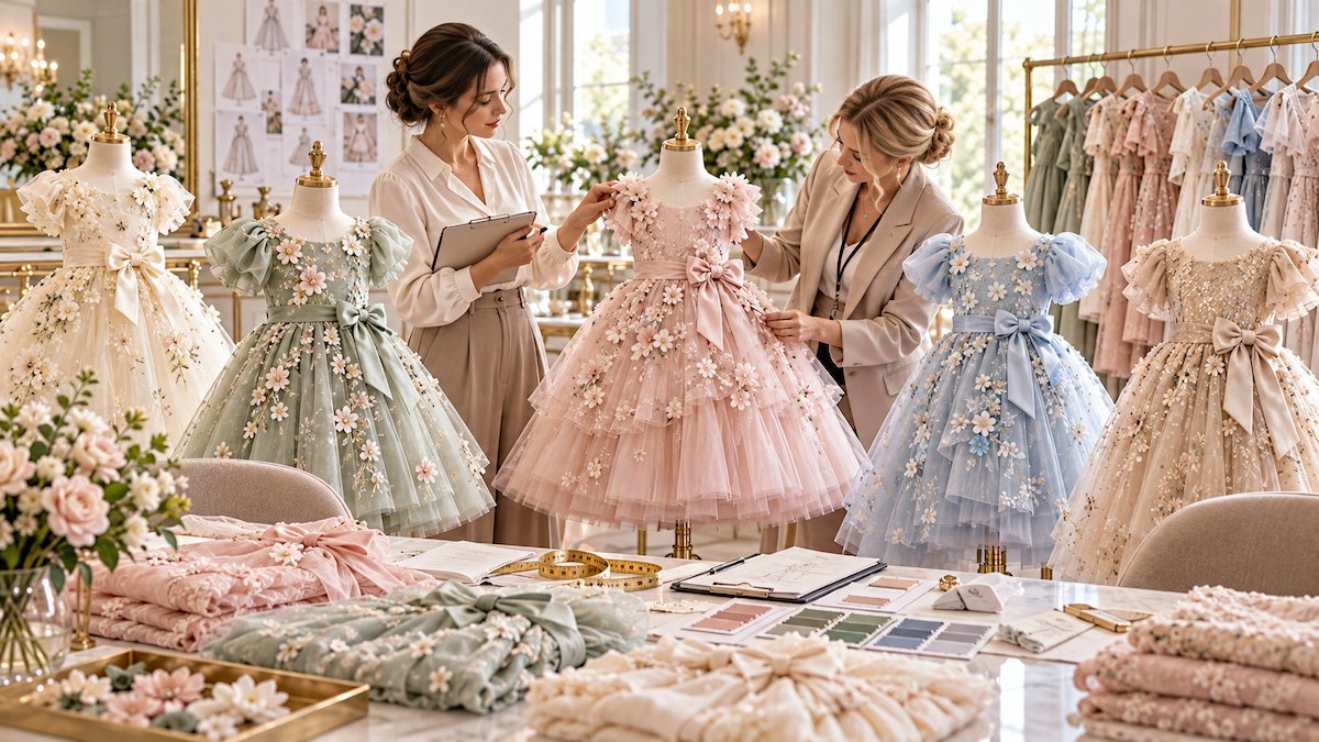 Wholesale Buyers Inspecting Girls Dresses, Floral Trims Wholesale buyers inspecting girls dresses, floral trims and construction for 2027 sourcing