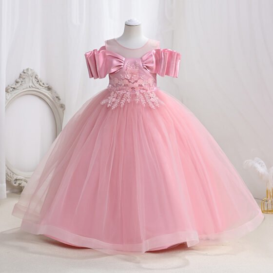 Girls Embroidered Tulle Evening Gown in Pink
