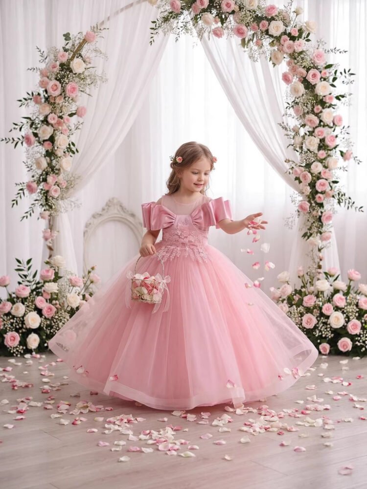 Girls Embroidered Tulle Evening Gown in Pink — Front View
