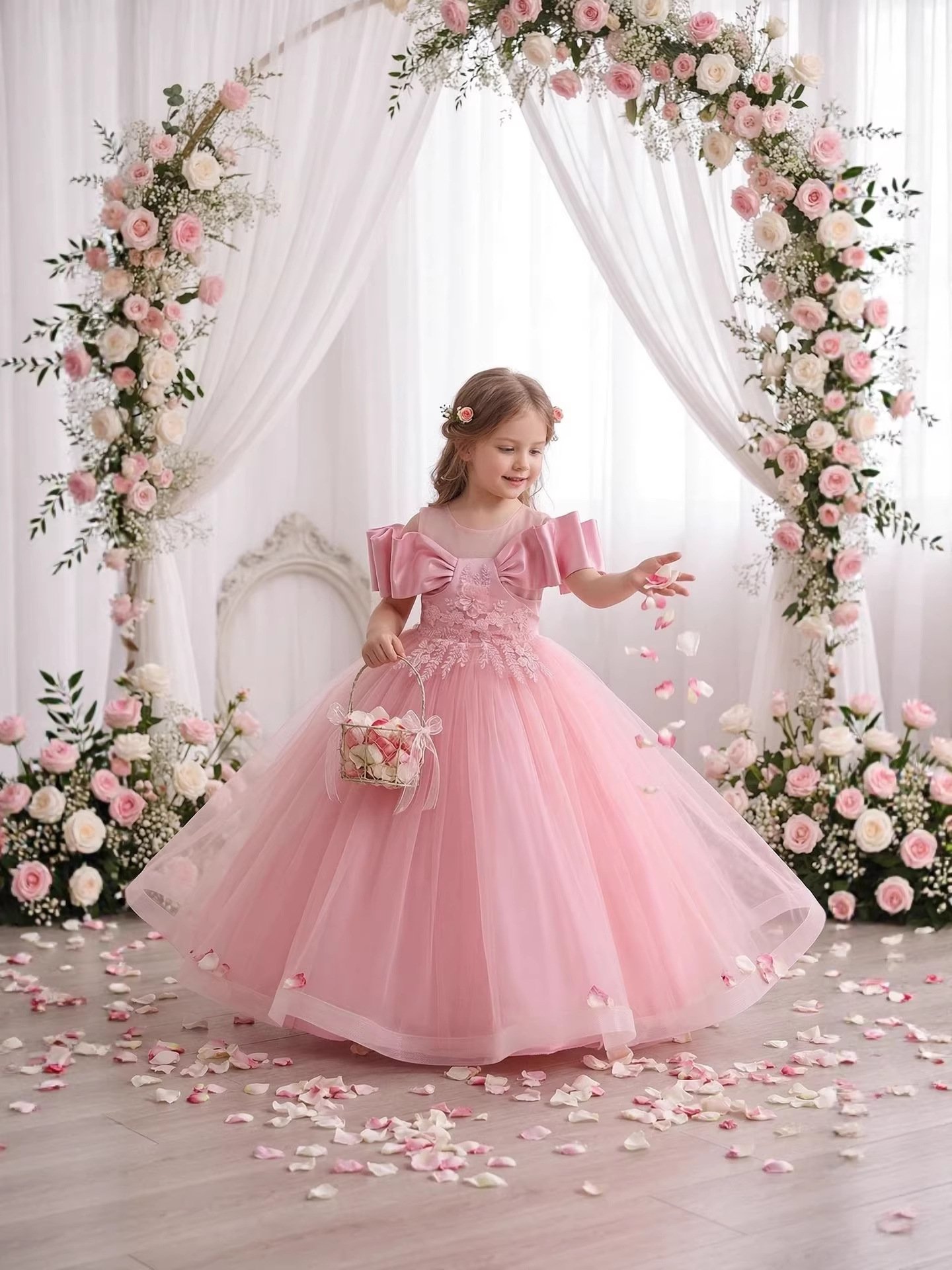 Girls Embroidered Tulle Evening Gown in Pink — Front View