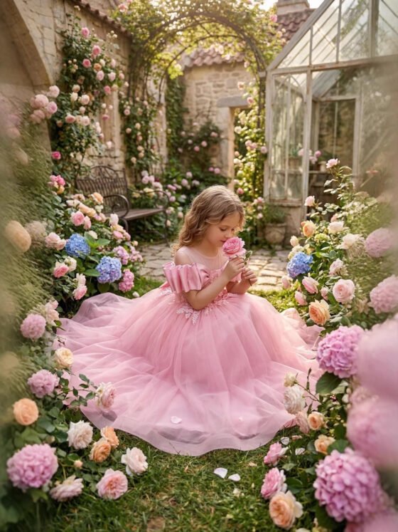 Girls Embroidered Tulle Evening Gown in Pink — Side View
