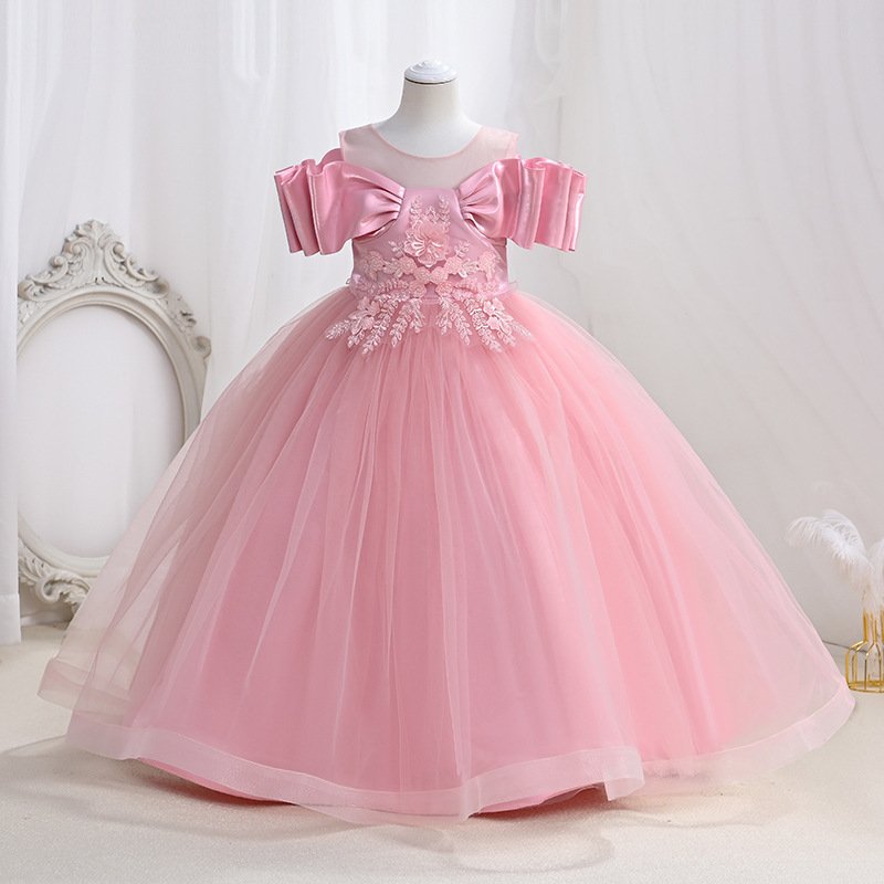 Girls Embroidered Tulle Evening Gown in Pink