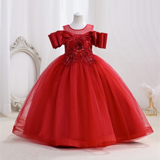 Girls Embroidered Tulle Evening Gown in Red