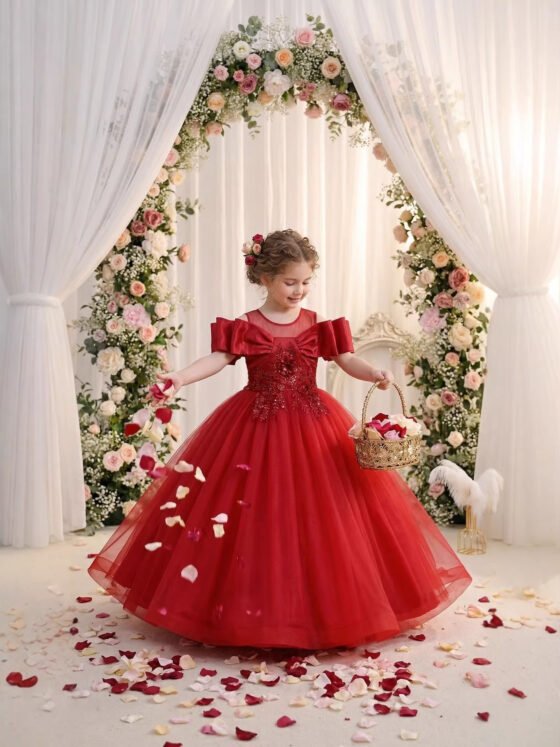 Girls Embroidered Tulle Evening Gown in Red — Front View