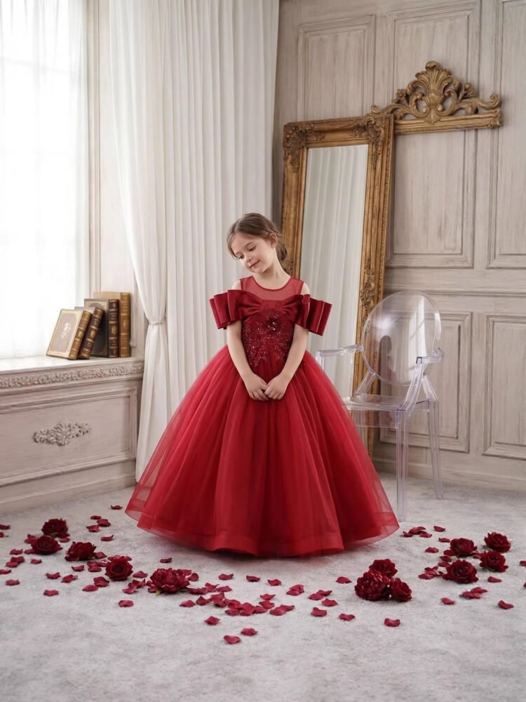 Girls Embroidered Tulle Evening Gown in Red — Alternate Front View