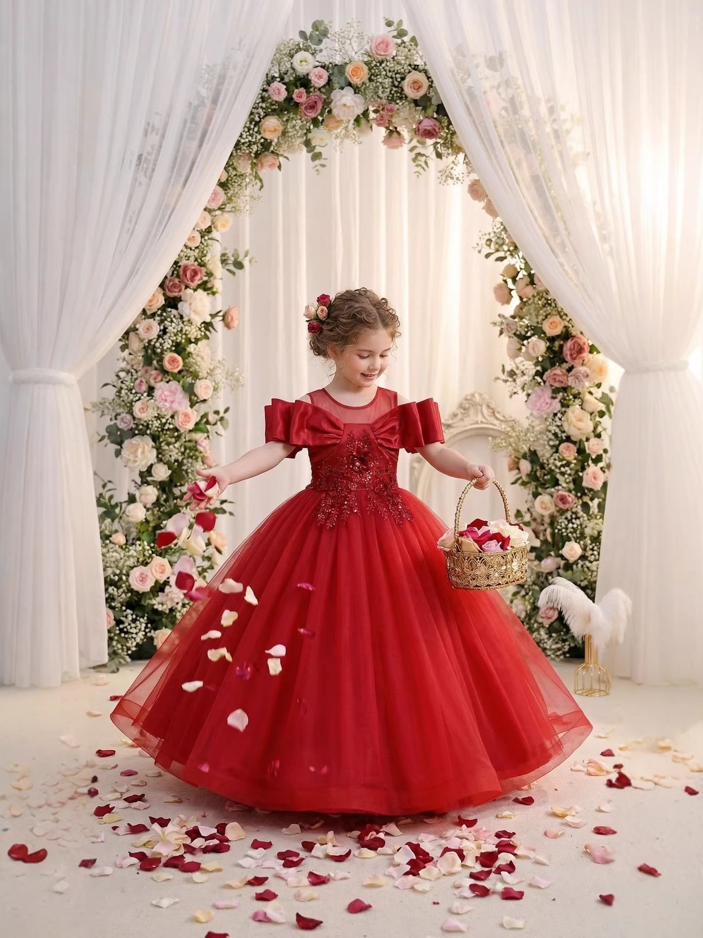 Girls Embroidered Tulle Evening Gown in Red — Front View