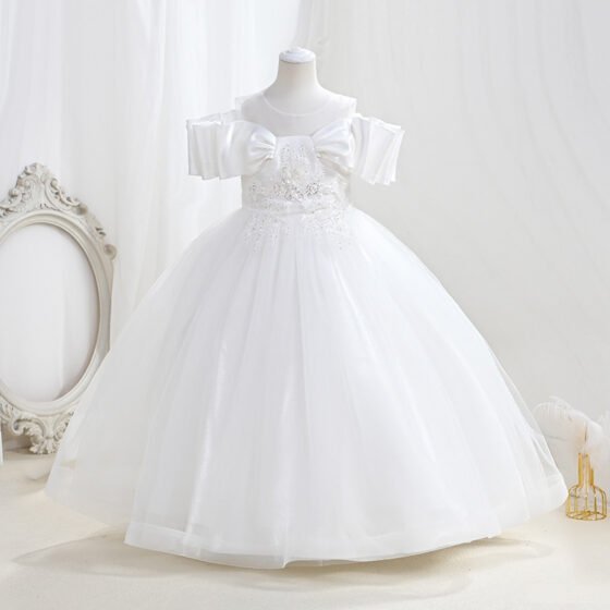 Girls Embroidered Tulle Evening Gown in White