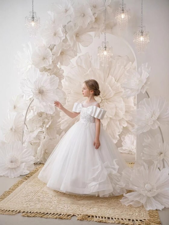 Girls Embroidered Tulle Evening Gown in White — Front View