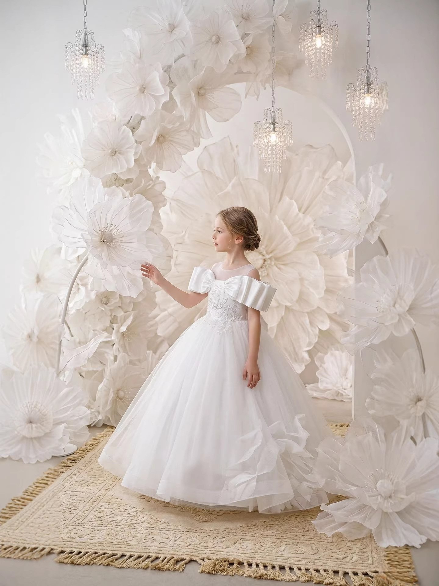 Girls Embroidered Tulle Evening Gown in White — Front View