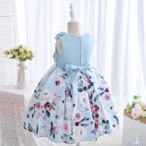 Wholesale Girls Floral Princess Dress – Sleeveless A-Line Party Dress - Blue Rear View