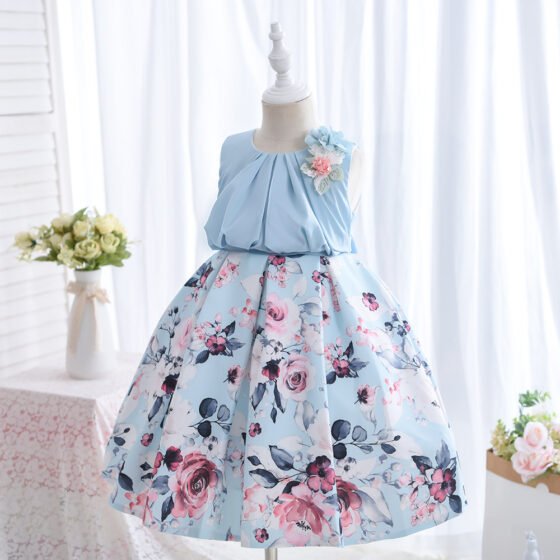 Wholesale Girls Floral Princess Dress – Sleeveless A-Line Party Dress - Blue Skirt Detail
