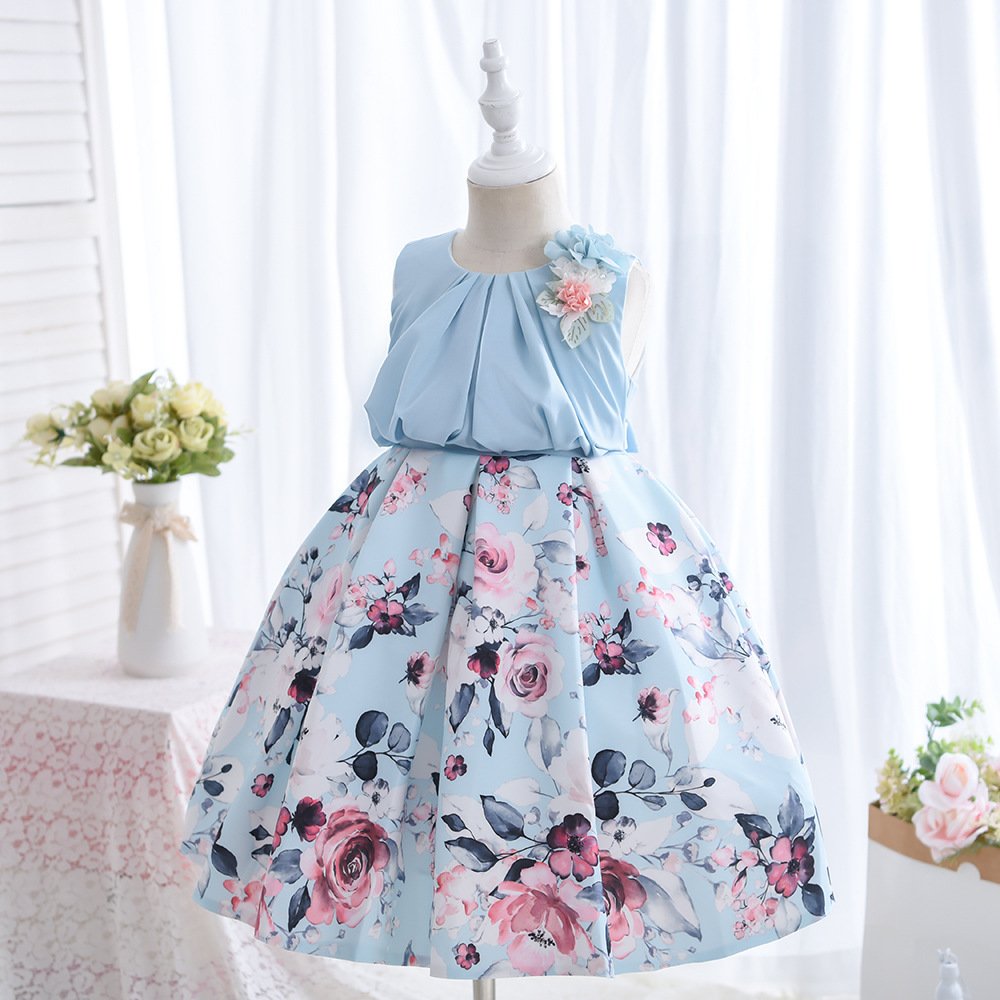 Wholesale Girls Floral Princess Dress – Sleeveless A-Line Party Dress - Blue Skirt Detail