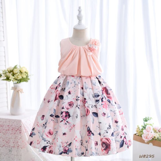 Wholesale Girls Floral Princess Dress – Sleeveless A-Line Party Dress - Pink Full Length