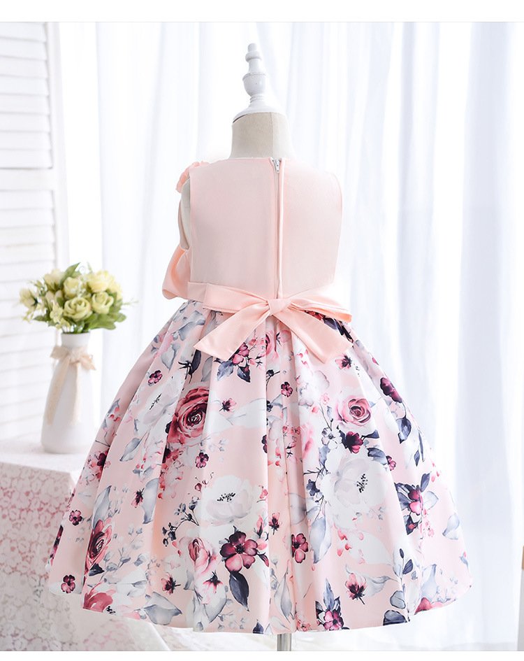 Wholesale Girls Floral Princess Dress – Sleeveless A-Line Party Dress - Pink Skirt Detail