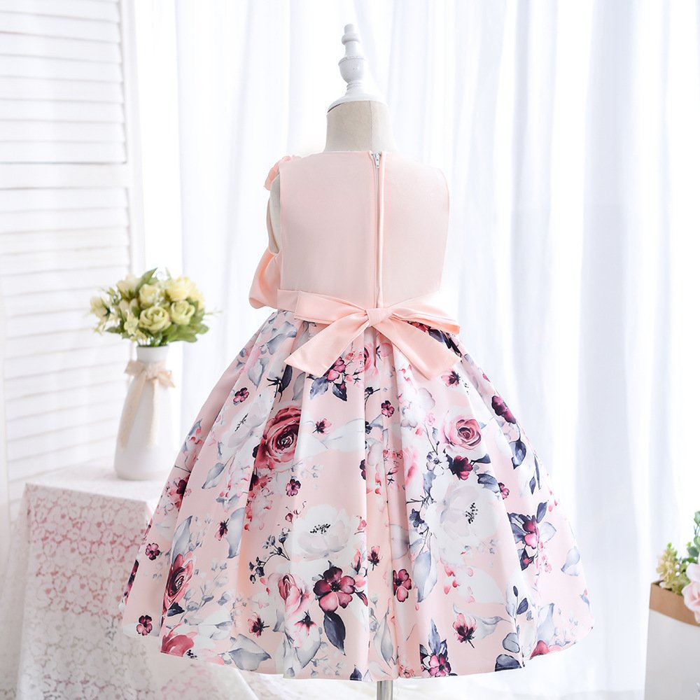 Wholesale Girls Floral Princess Dress – Sleeveless A-Line Party Dress - Pink Skirt Silhouette