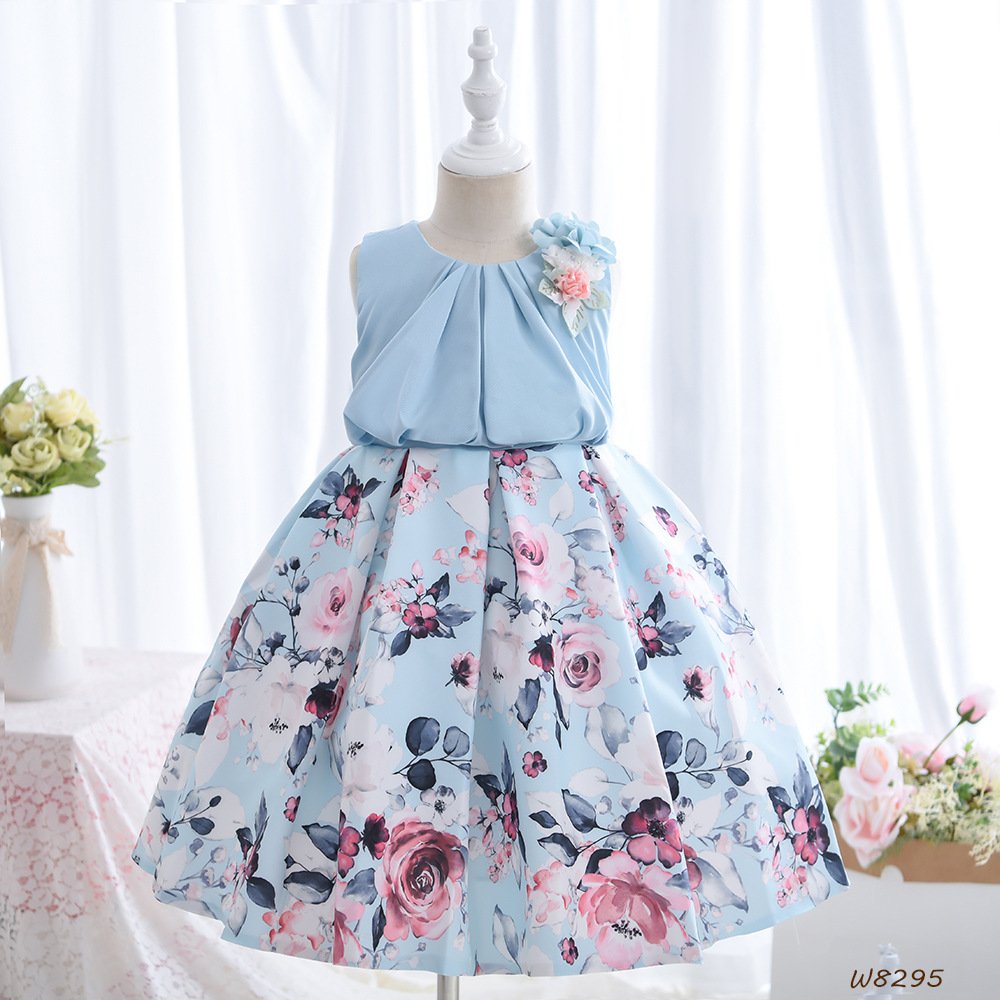 Wholesale Girls Floral Princess Dress – Sleeveless A-Line Party Dress - Blue Front View