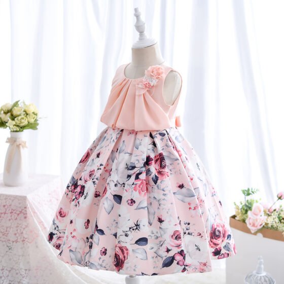 Wholesale Girls Floral Princess Dress – Sleeveless A-Line Party Dress - Pink Back View