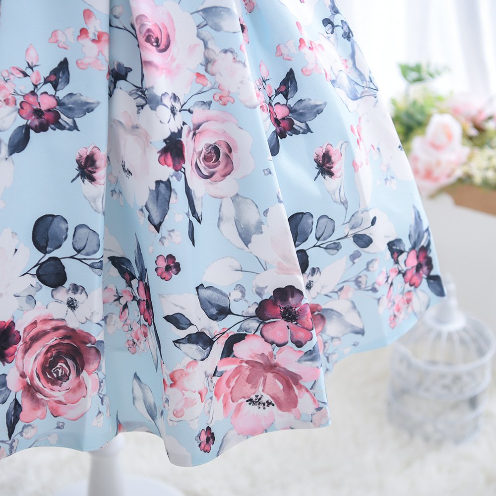 Wholesale Girls Floral Princess Dress – Sleeveless A-Line Party Dress - Blue Detail
