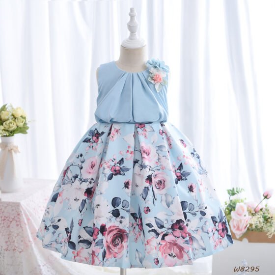 Wholesale Girls Floral Princess Dress – Sleeveless A-Line Party Dress - Blue Full View