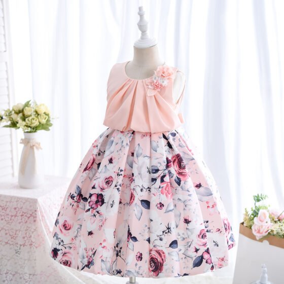 Wholesale Girls Floral Princess Dress – Sleeveless A-Line Party Dress - Pink Full View