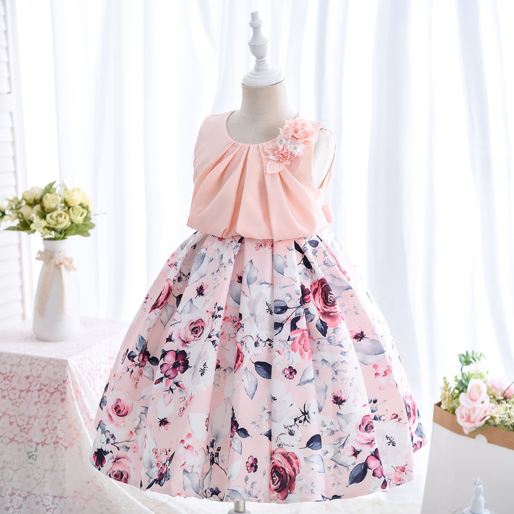 Wholesale Girls Floral Princess Dress – Sleeveless A-Line Party Dress - Pink Full View