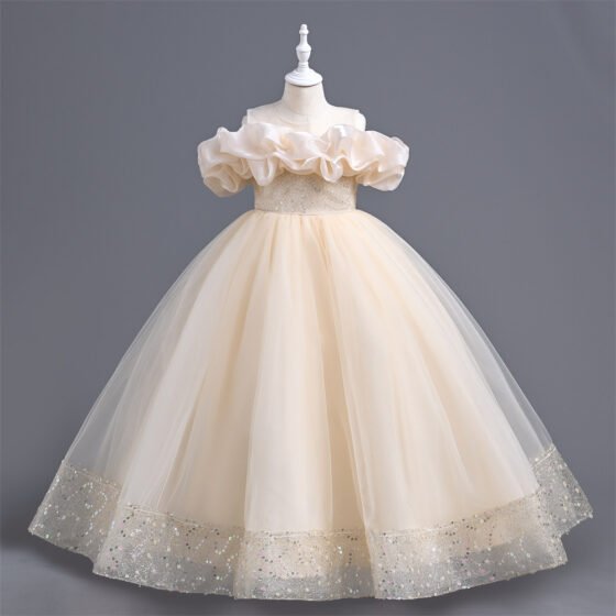 Girls long tulle princess dress in champagne