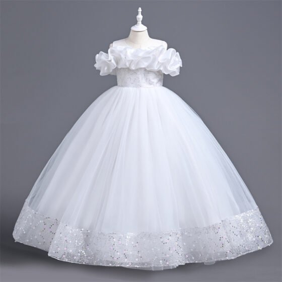Girls long tulle princess dress in white