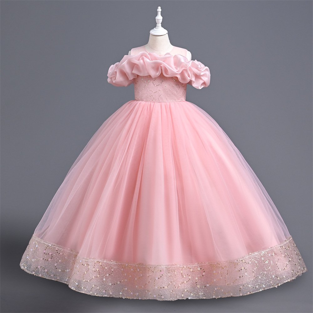 Girls Off-Shoulder Ruffle Princess Dress in Blush Pink