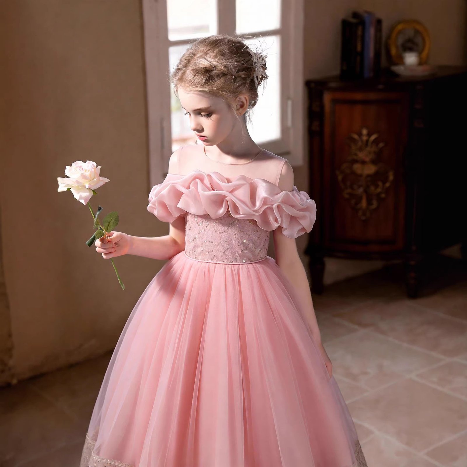 Girls Off-Shoulder Ruffle Princess Dress — front