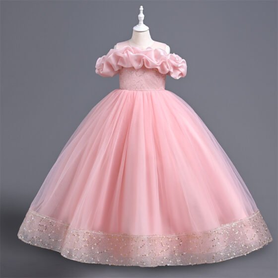 Girls Off-Shoulder Ruffle Princess Dress — pink
