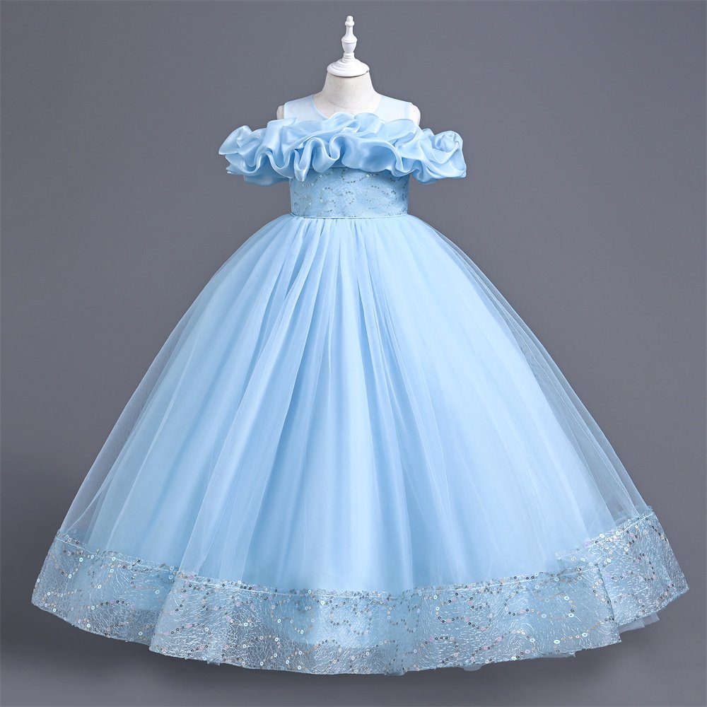 Girls Off-Shoulder Ruffle Princess Dress in Sky Blue