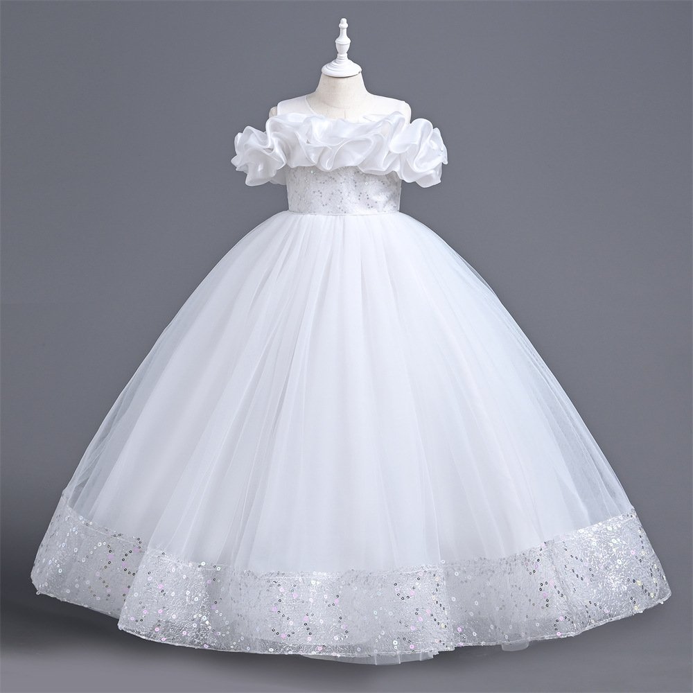 Girls Off-Shoulder Ruffle Princess Dress in White