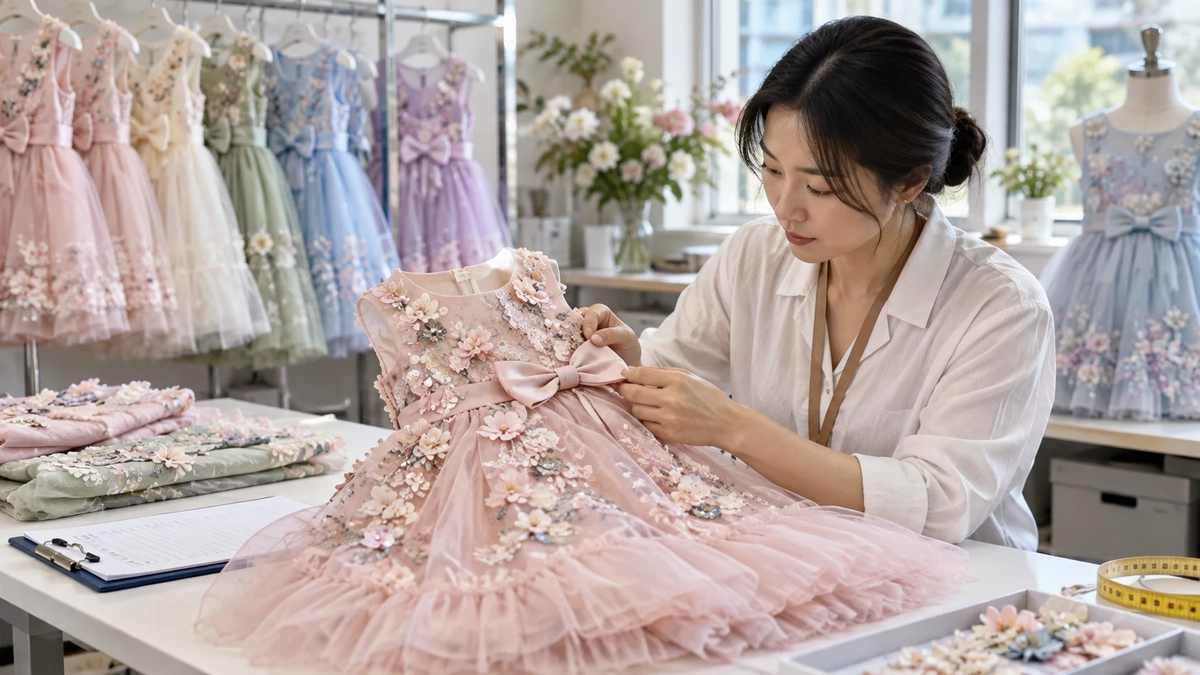 Adult East Asian quality inspector checking embellishment attachment on a party dress