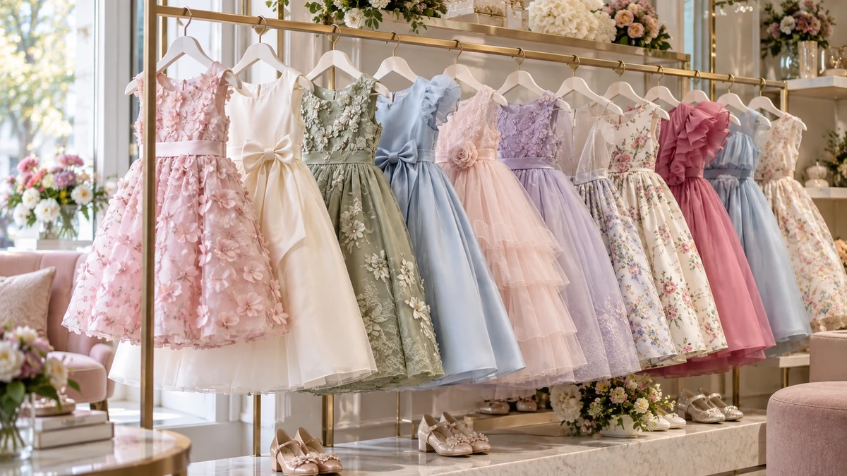 2027 girls party dress assortment in pastel, floral, satin and textured styles on a boutique rack