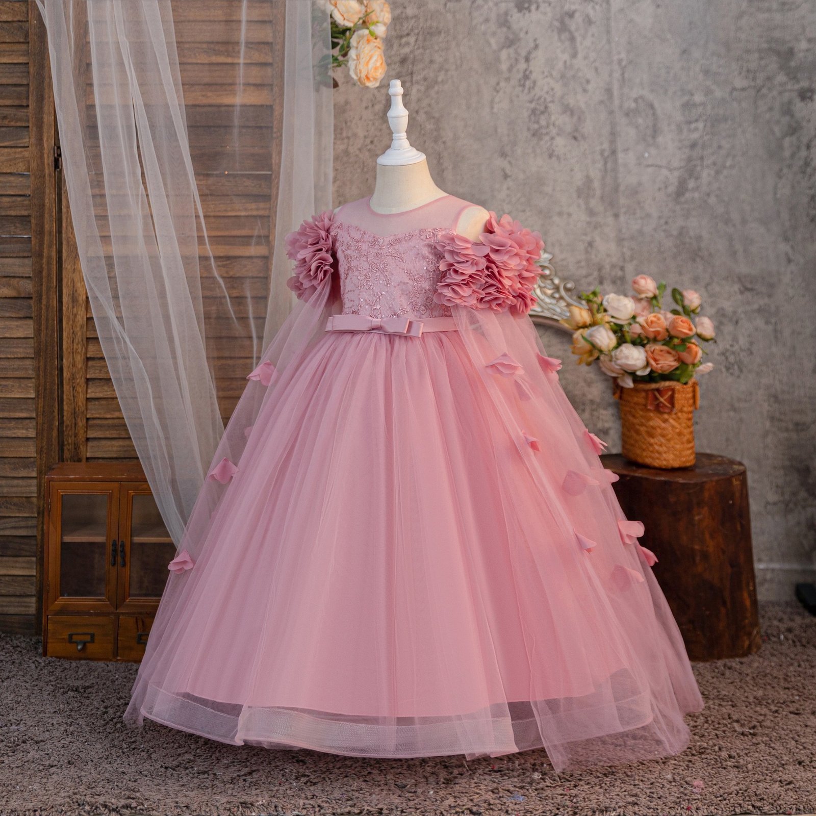 Girls Pastel Tulle Princess Gown in Dusty