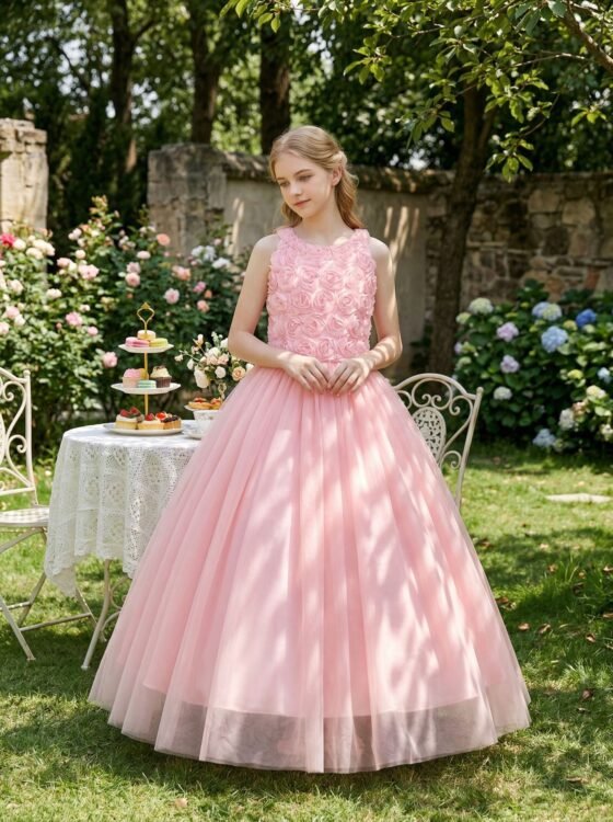Girls Pink Rosette Flower Princess Dress - Back