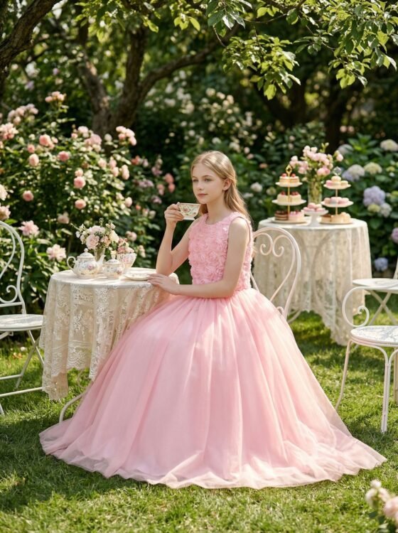 Girls Pink Rosette Flower Princess Dress - Detail