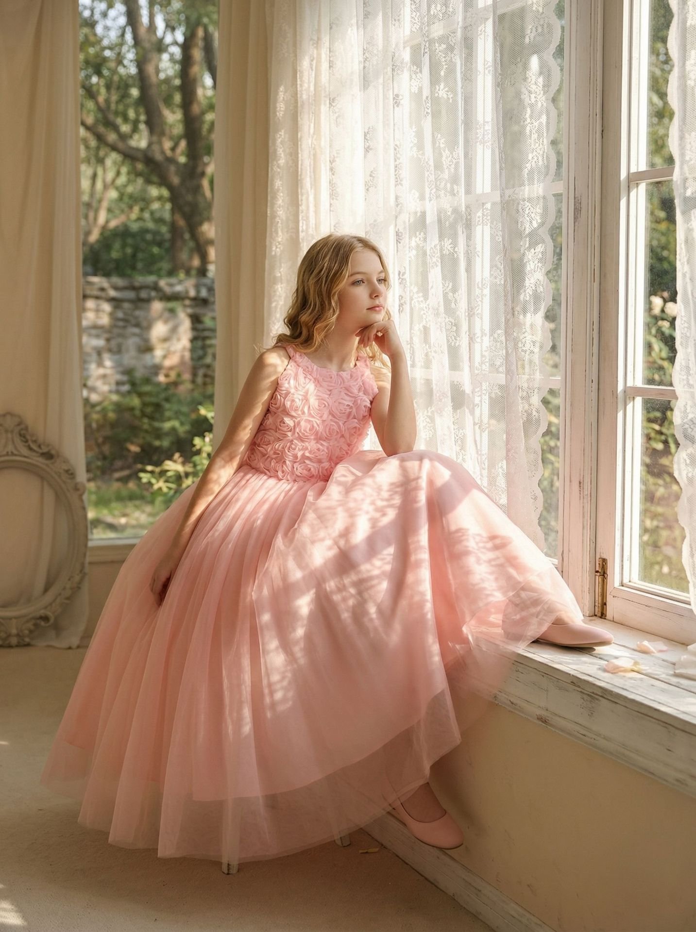 Girls Pink Rosette Flower Princess Dress - Front