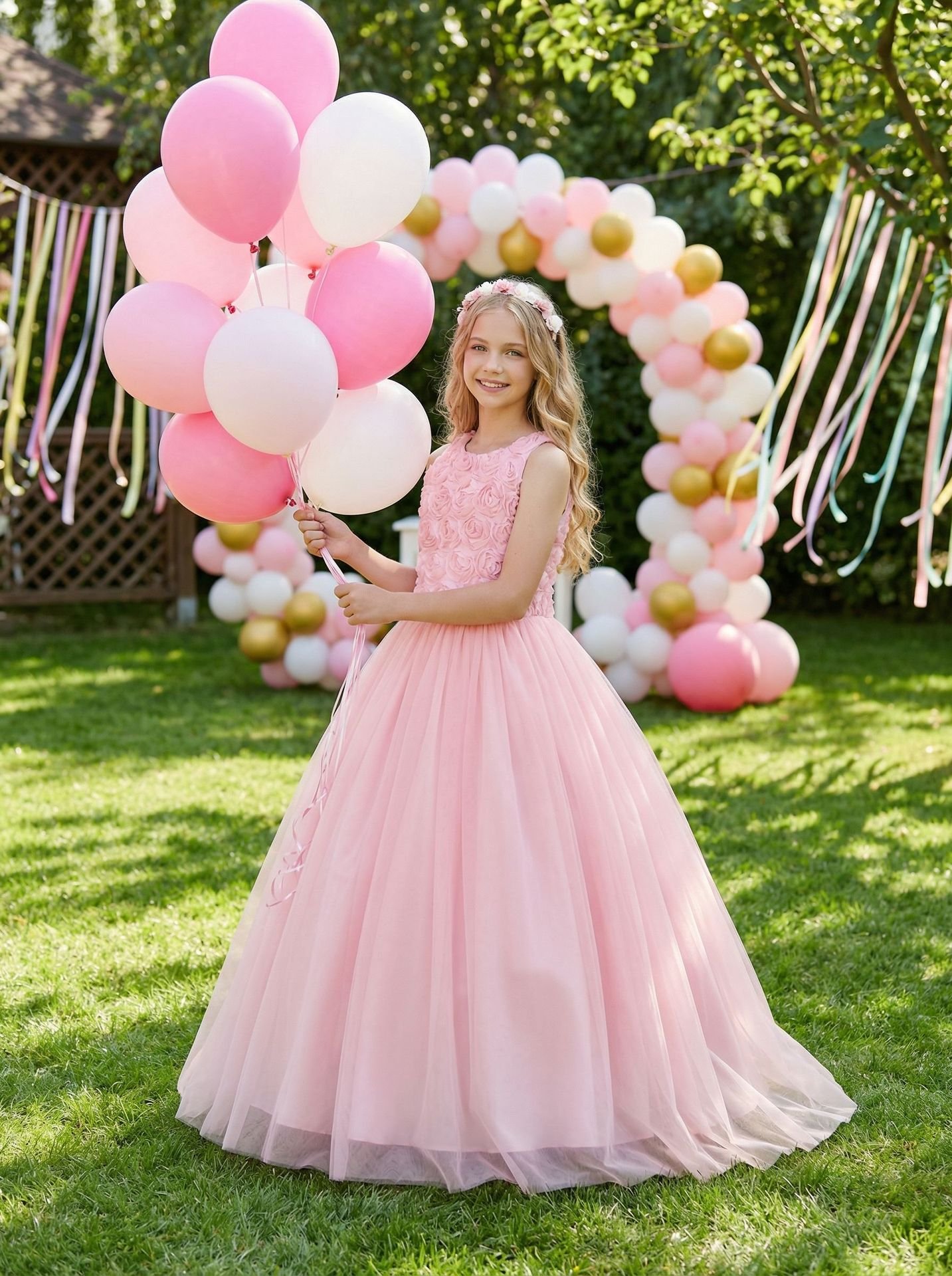 Girls Pink Rosette Flower Princess Dress - Full Length