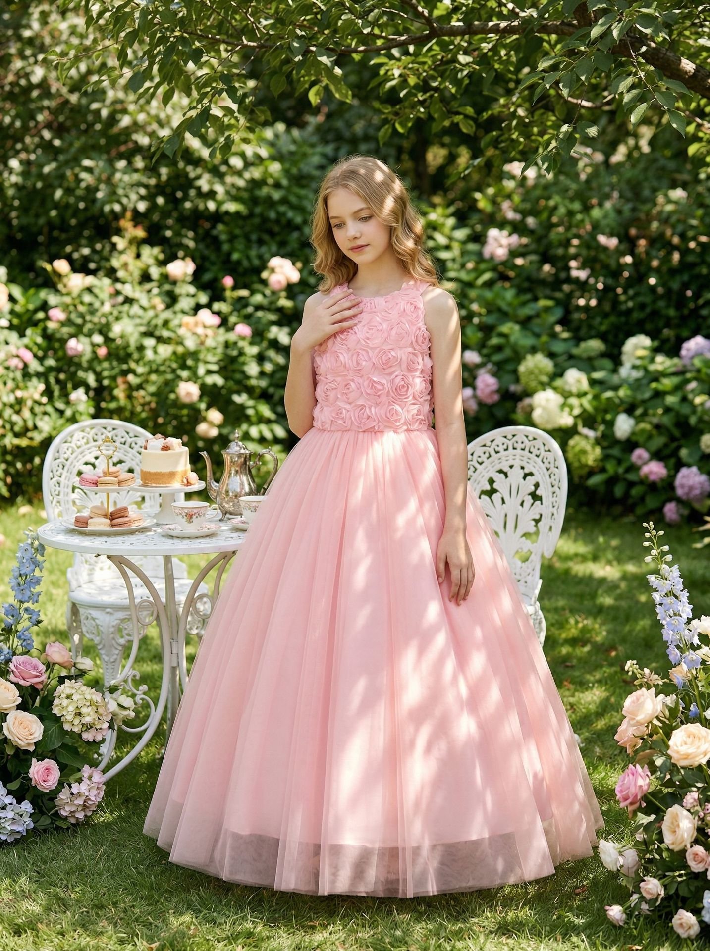 Girls Pink Rosette Flower Princess Dress - Side