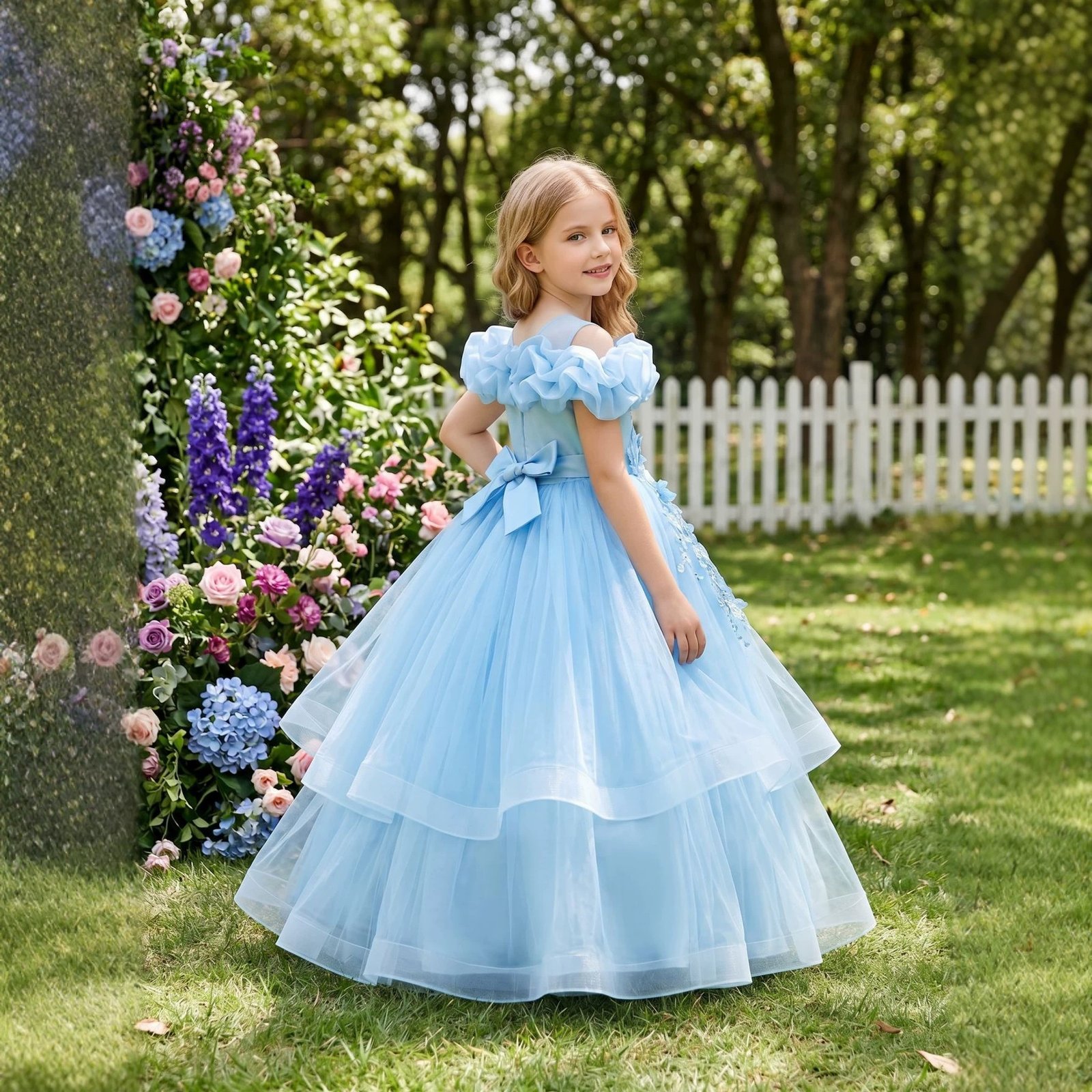 Wholesale Girls Ruffled Tulle Princess Gown with Floral Appliqué - Blue Side