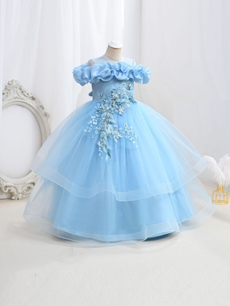 Wholesale Girls Ruffled Tulle Princess Gown with Floral Appliqué - Blue Swatch