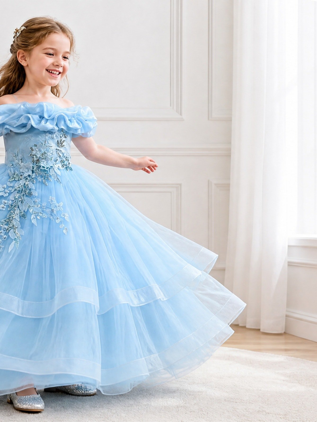 Wholesale Girls Ruffled Tulle Princess Gown with Floral Appliqué - Blue Twirl