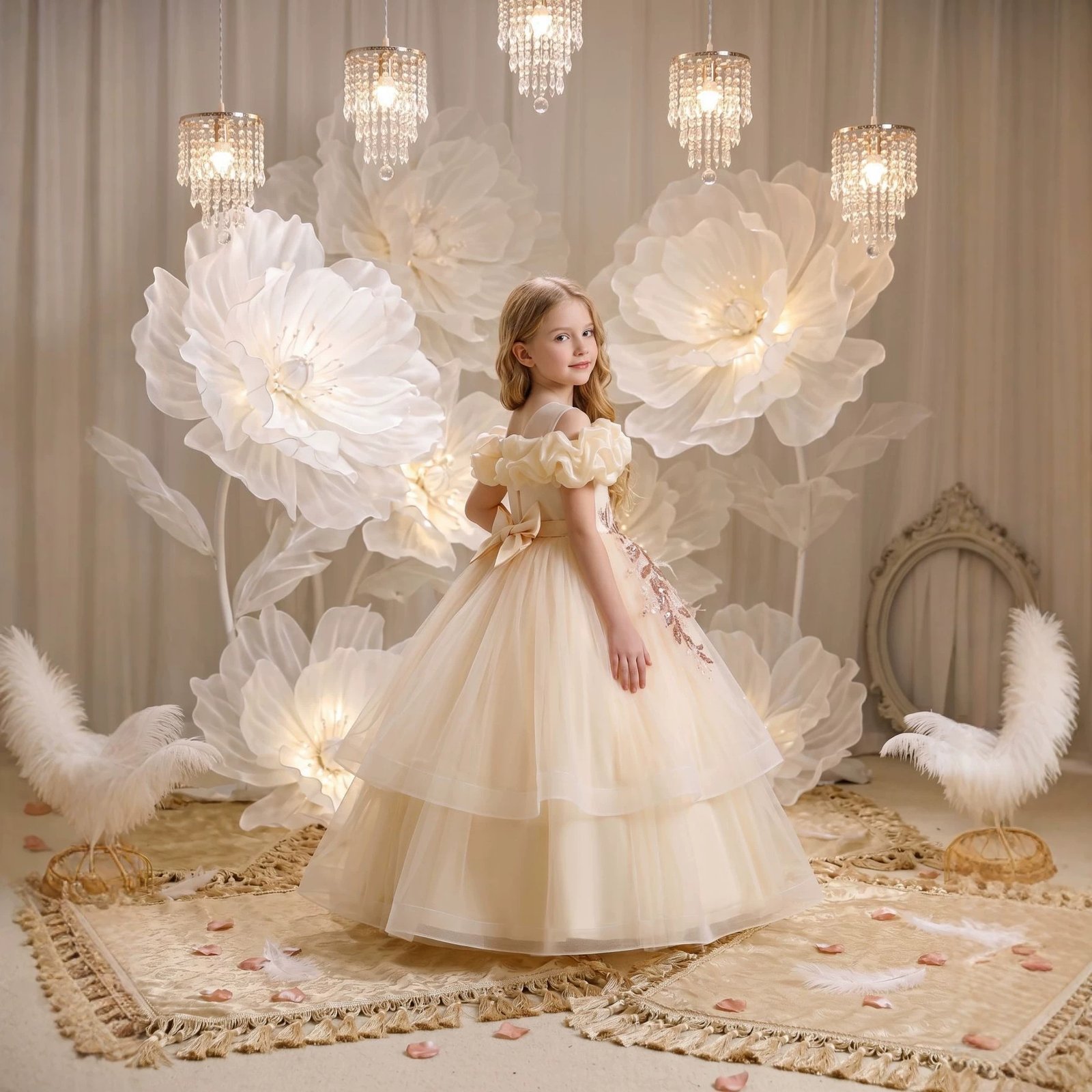 Wholesale Girls Ruffled Tulle Princess Gown with Floral Appliqué - Champagne Back