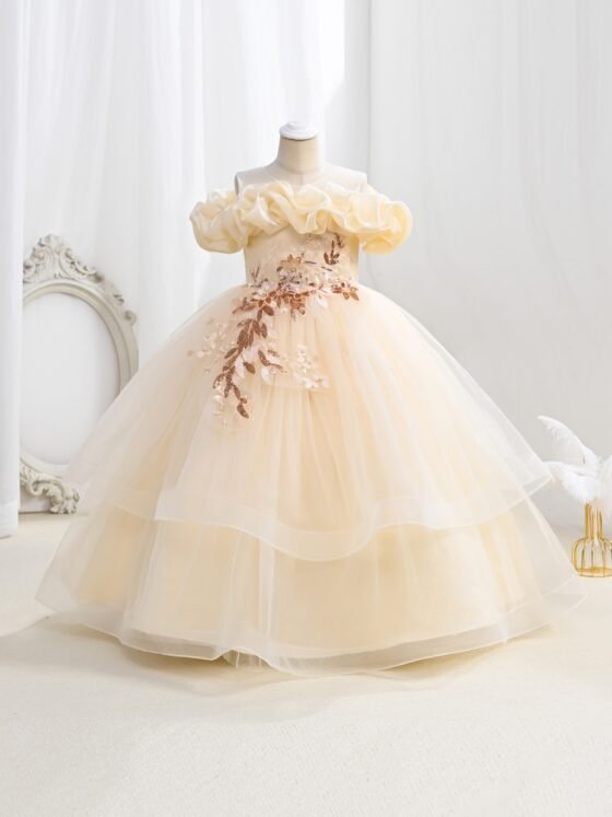 Wholesale Girls Ruffled Tulle Princess Gown with Floral Appliqué - Champagne Swatch