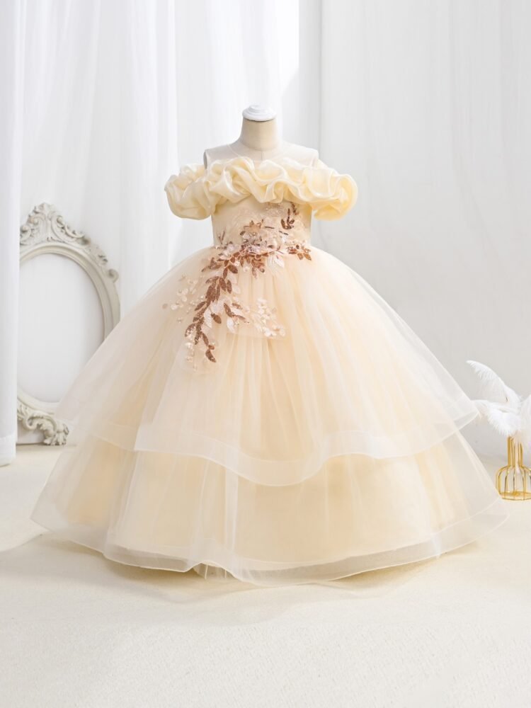 Wholesale Girls Ruffled Tulle Princess Gown with Floral Appliqué - Champagne Swatch