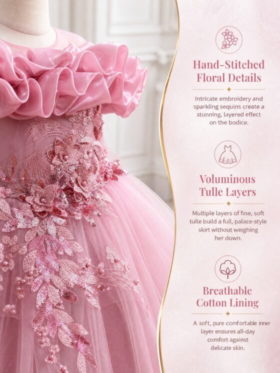 Wholesale Girls Ruffled Tulle Princess Gown with Floral Appliqué - Dusty Pink Features