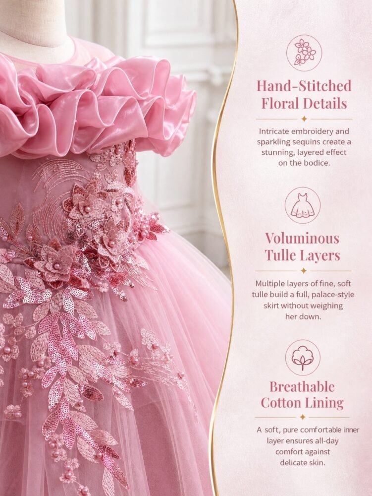 Wholesale Girls Ruffled Tulle Princess Gown with Floral Appliqué - Dusty Pink Features