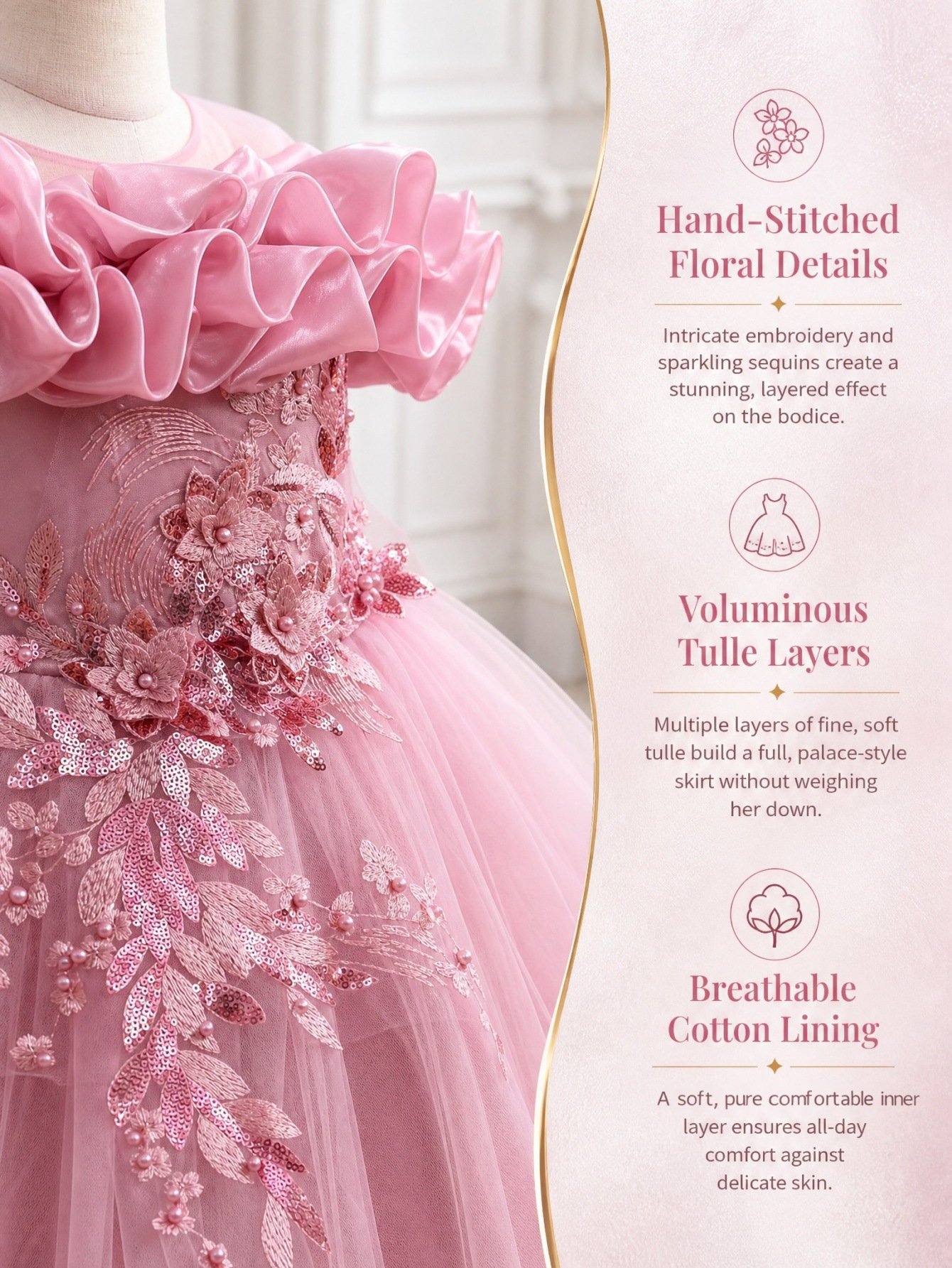 Wholesale Girls Ruffled Tulle Princess Gown with Floral Appliqué - Dusty Pink Features